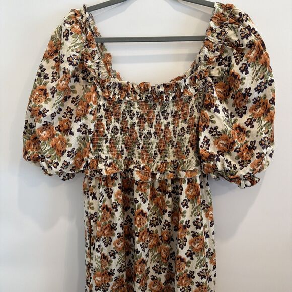 Anthropologie Love The Label Sz M Floral Puff Slv Maxi Dress Earthy Boho Roses - Picture 8 of 16
